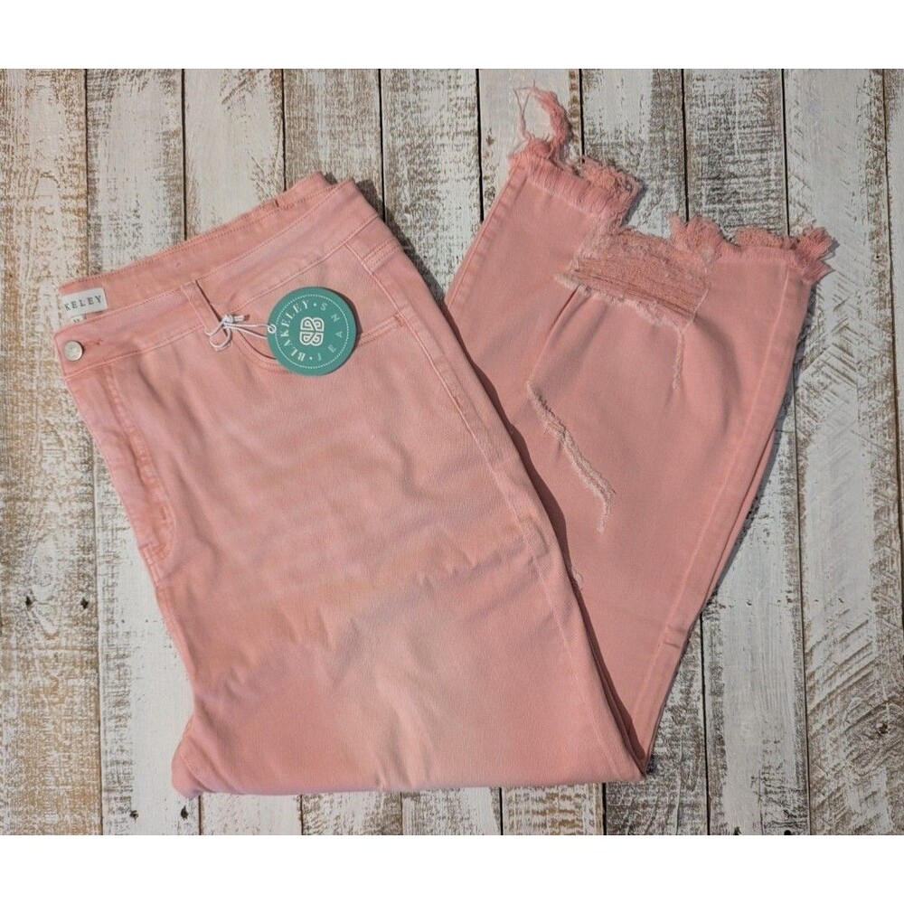 NWT Blakeley Pink Distressed Fringe Wide-Leg High Rise Women's Plus Size Jeans